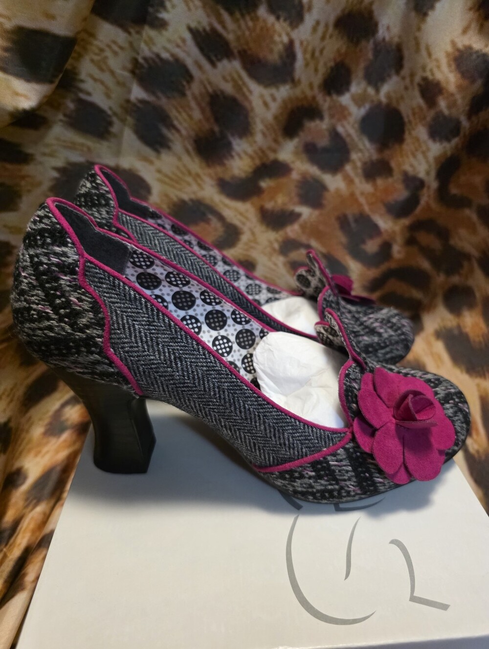 NEW Ruby Shoo LOLA Tweed Vegan Heels with Pink Floral Accent - Size 7.5/38